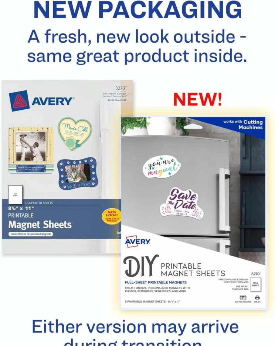 AVERY 3270 Printable Magnet Sheets for Inkjet Printers, 8.5" x 11" White Magnetic Paper, 5-Pack