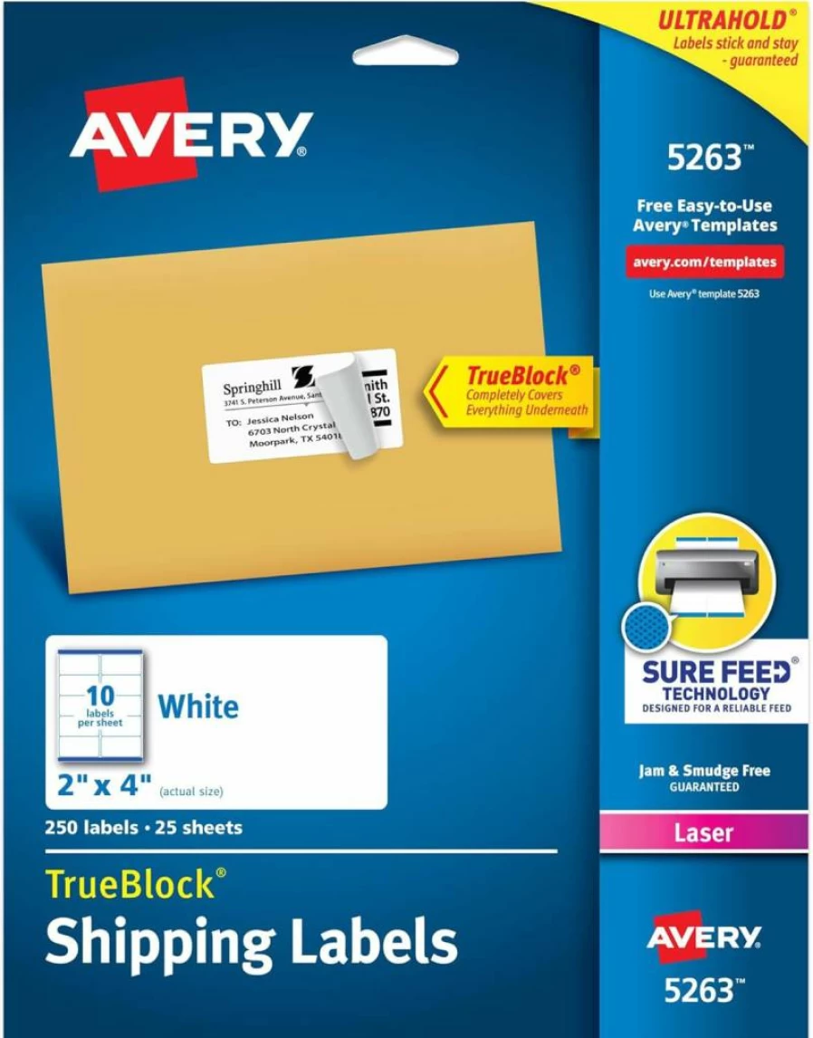 Avery 5263 Printable Shipping Labels, 2" x 4" White Blank Mailing Stickers, 250 Pack, Sure Feed Technology for Reliable Printing, Customizable for Shipping, Mailing & More
