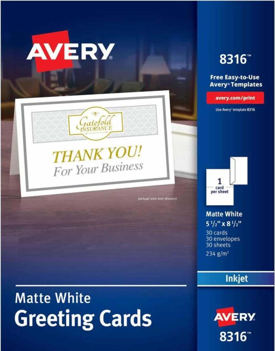 AVERY 30 Blank Half-Fold Greeting Cards with Envelopes, 5.5" x 8.5" Matte White Printable Cards for Inkjet Printers (08316)