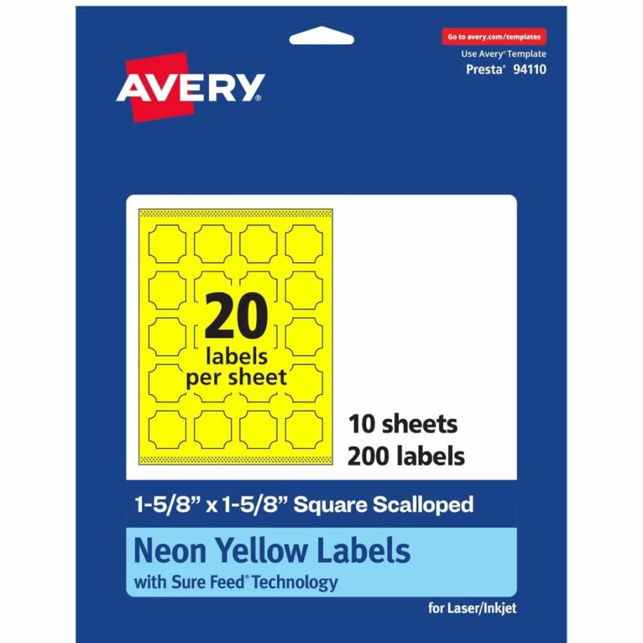 Avery Neon Yellow Printable Scalloped Labels 1-5/8" x 1-5/8" - 400 Pack, Sure Feed Technology, Laser/Inkjet Compatible, Print-To-The-Edge for Cosmetics, Jars & Organizing