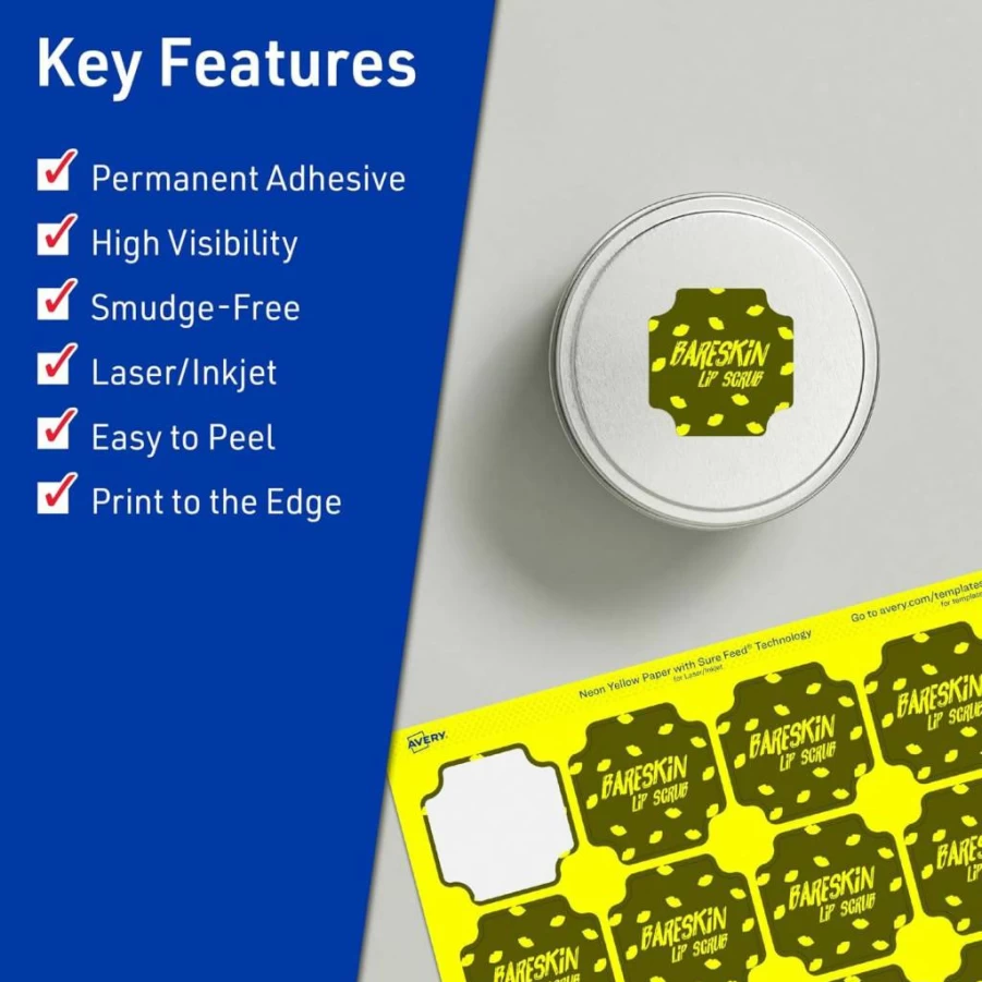 Avery Neon Yellow Printable Scalloped Labels 1-5/8" x 1-5/8" - 400 Pack, Sure Feed Technology, Laser/Inkjet Compatible, Print-To-The-Edge for Cosmetics, Jars & Organizing