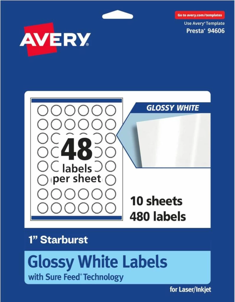 Avery Glossy White Starburst Labels 1" Round, Sure Feed Technology, 1,200 Permanent Adhesive Labels, Print-to-Edge for Laser/Inkjet, High-Shine White Laser Labels