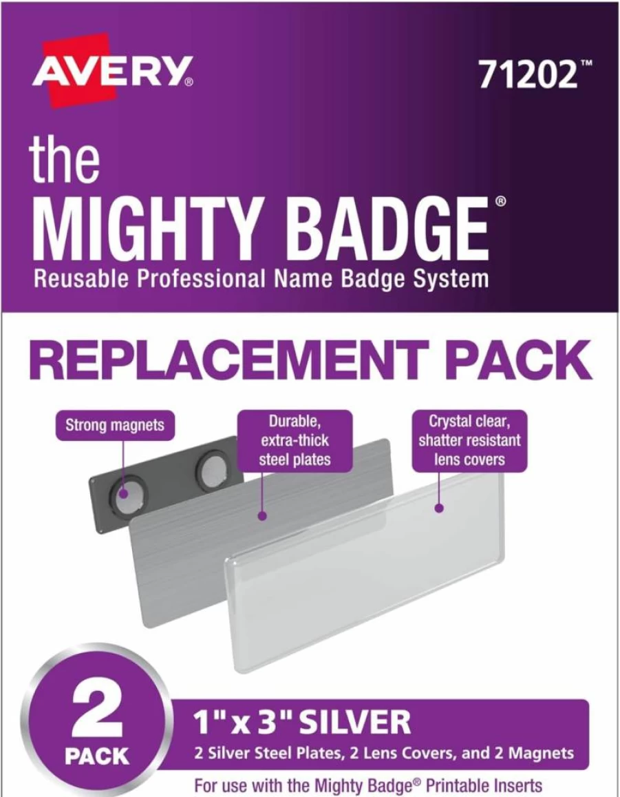 AVERY 71202 Silver Name Badge Replacement Pack, 1" x 3" Mighty Badge, 2 Name Tags for Professional Use