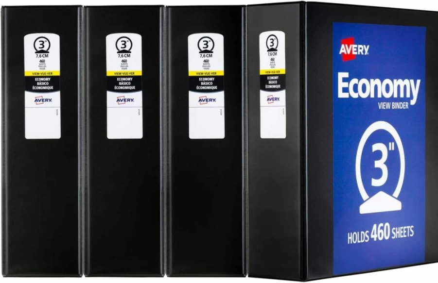 AVERY 3 Inch 3-Ring Binders, Round Rings, Economy View, Set of 4 Black Binders (03361) for Office & School Supplies
