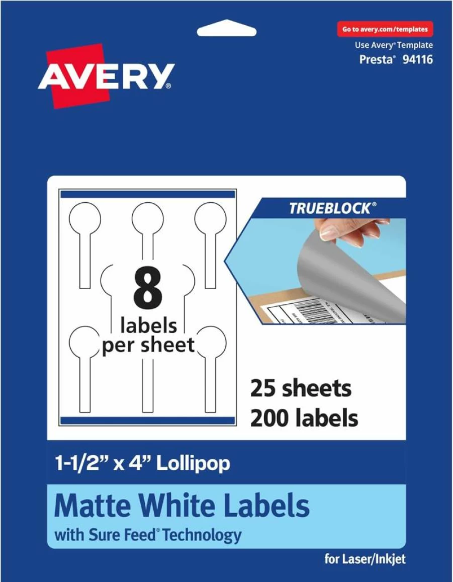 Avery Trueblock Matte White Lollipop Labels 1.5" x 4" - 800 Pack, Sure Feed Technology, Laser/Inkjet Printable, Print-To-The-Edge, Water-Resistant, Ideal for Product Packaging & Merchandising