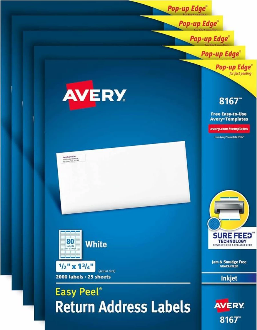 AVERY 8167 Permanent Adhesive Mailing Labels 1/2" x 1-3/4" for Inkjet Printers - 10,000 Easy Peel Address Labels (5 Pack)