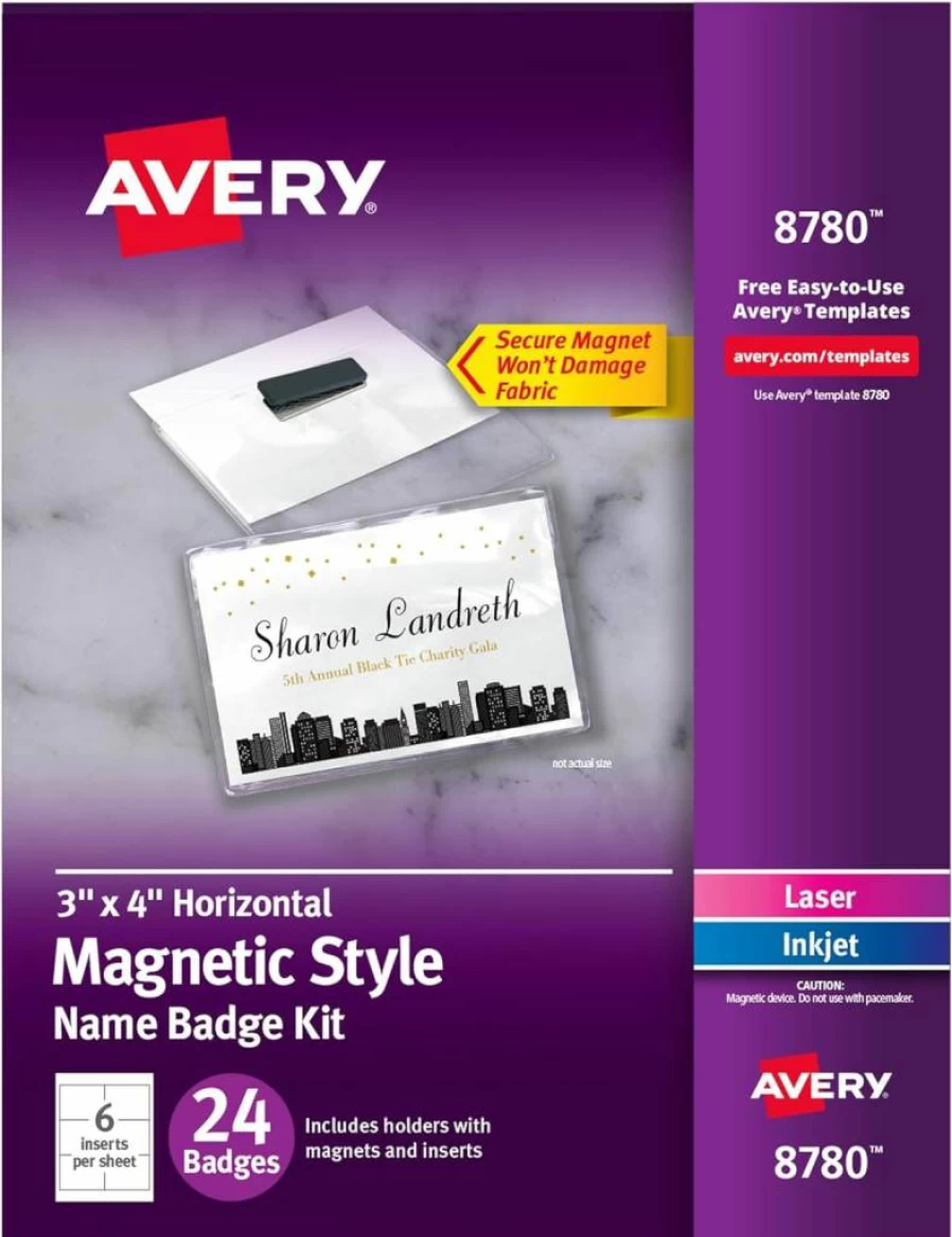 Avery 8780 Magnetic Name Badges, 3" x 4" Clear Tag Holders with 24 Printable White Inserts for Laser/Inkjet, Customizable Name Tags
