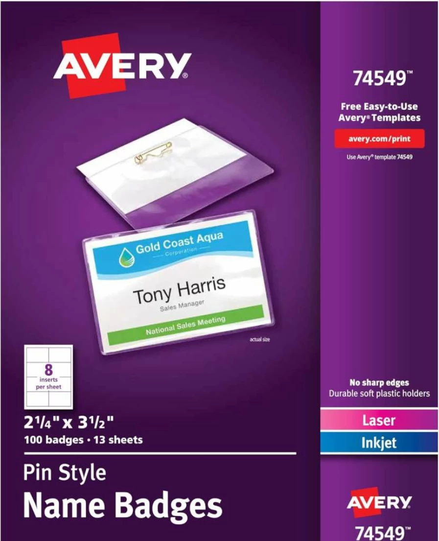 Avery 74549 Customizable Pin Style Name Badges, 2.25" x 3.5" Clear Name Tag Holders with 100 White Printable Inserts for Laser/Inkjet Printers