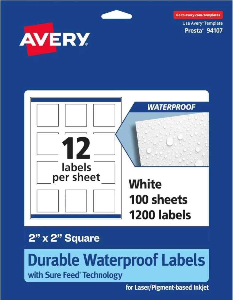 Avery 2" x 2" Square Waterproof Labels, 300 Pack, Sure Feed Technology, Oil & Tear-Resistant, Laser/Inkjet Printable, Print-To-The-Edge Design