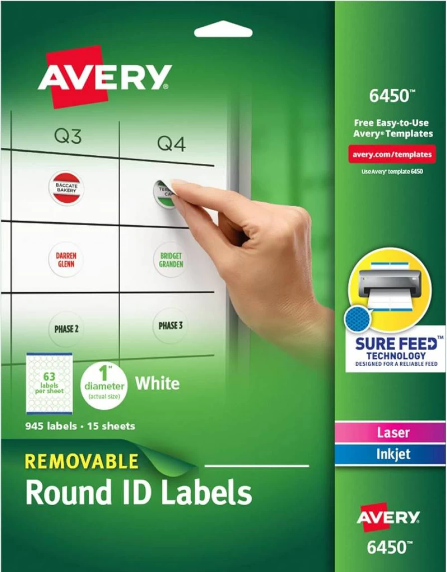 Avery 6450 Removable 1 Inch Round Labels, White, 945 Pack, Sure Feed Technology for Easy Printing, Multi-Use Organizing and Storage Labels