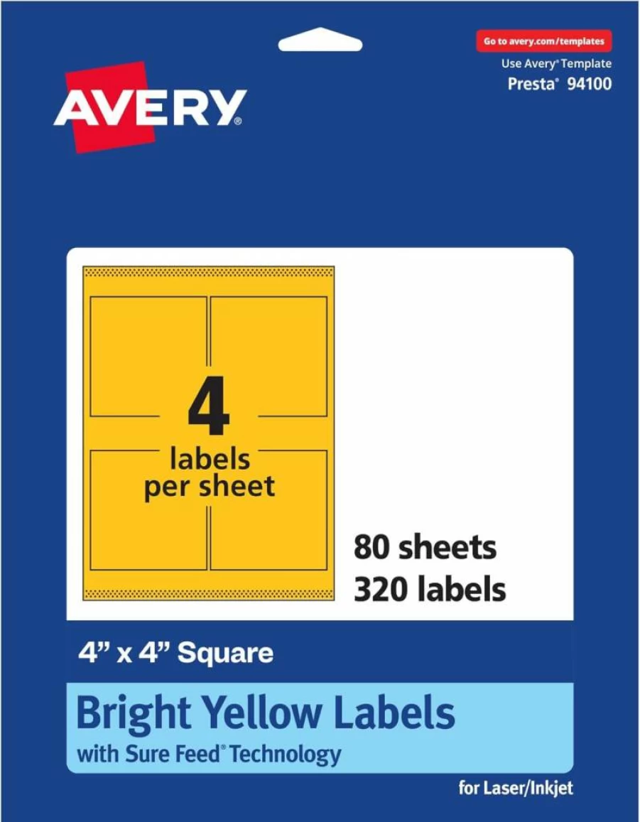AVERY Bright Yellow 4" x 4" Printable Square Labels - 40 Pack, Sure Feed for Laser/Inkjet, Ideal for Packaging & Ingredients