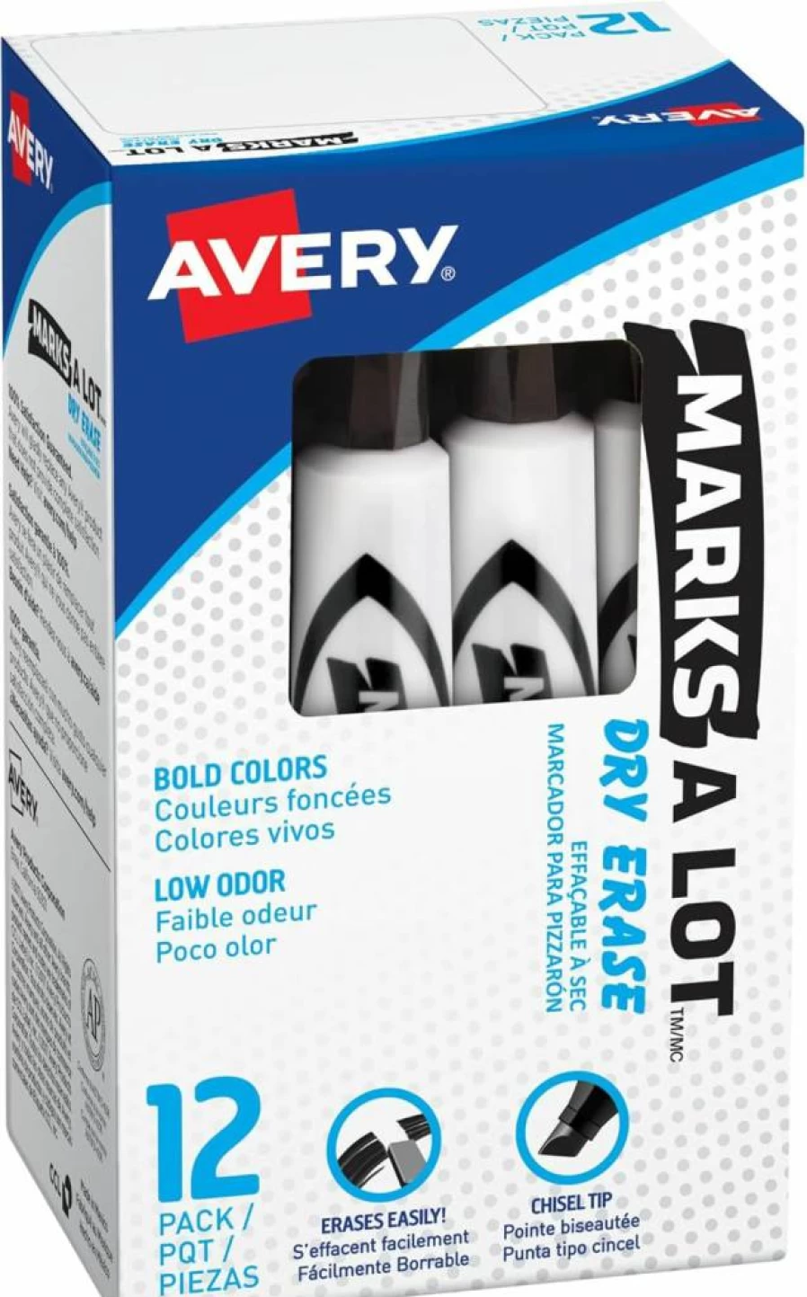 Avery Dry Erase Markers 12-Pack, Chisel Tip Low Odor Whiteboard Markers for Classroom, Office & School Supplies (Blue, 24406)