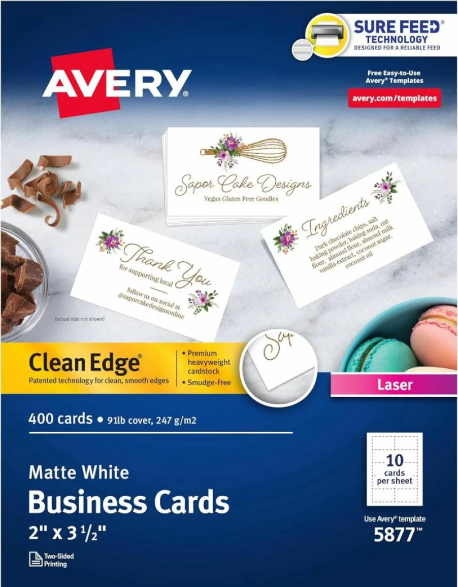 Avery 5874 Printable Blank Business Cards, 2" x 3.5", White, 1000 Sheets for Laser Printers, Clean Edge & Sure Feed Technology