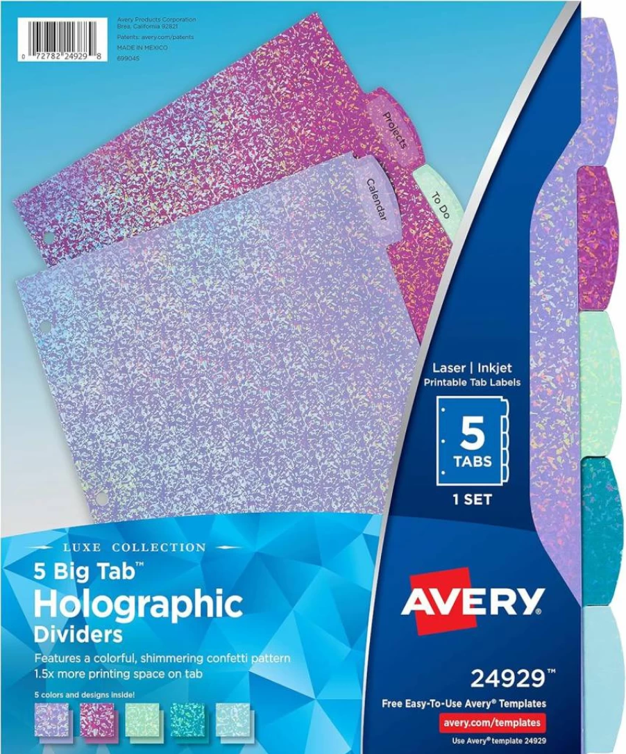 Avery Reversible Big Tab Dividers, 5-Tab Set in Assorted Colors (24928) - Durable Fashion Organizer