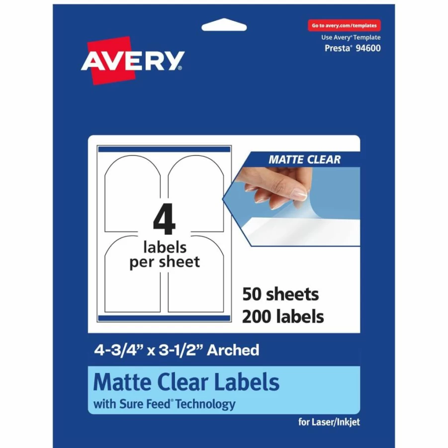 Avery Matte Clear Arched Labels with Sure Feed Technology, 4.75" x 3.5", 40-Pack, Print-to-the-Edge for Laser & Inkjet Printers