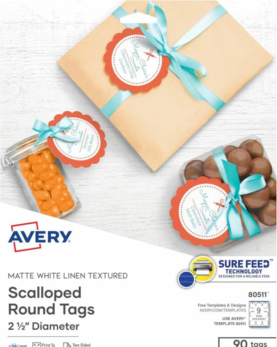 Avery 80511 Printable Blank Scallop Round Gift Tags, 2.5" Diameter Textured White, 90 Customizable Labels with Sure Feed Technology