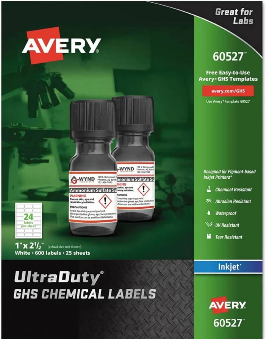 AVERY 60527 Ultraduty GHS Chemical Labels, 1" x 2.5", Waterproof & UV Resistant, Pack of 600 for Inkjet Printers