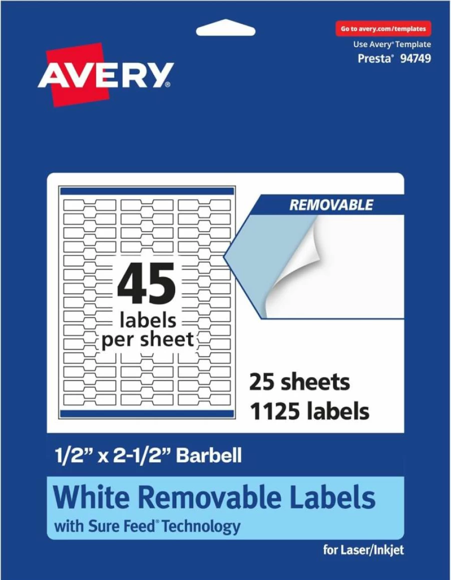 Avery Matte White Removable Labels for Barbell Tags, 0.5" x 2.5", 675-Pack, Laser/Inkjet Printable, Sure Feed Technology