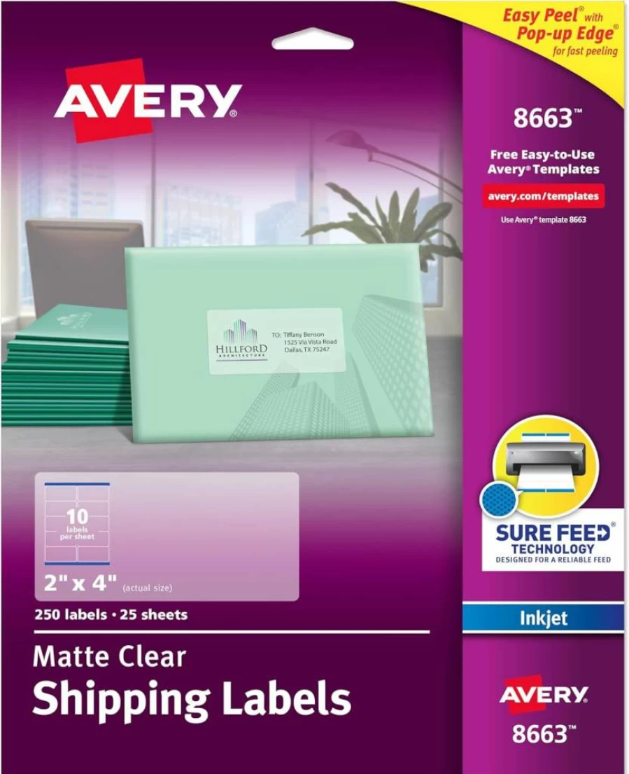 Avery 8663 Printable Shipping Labels, 2" x 4" Matte Clear, 250 Blank Customizable Mailing Stickers with Sure Feed, for Shipping, Mailing & More