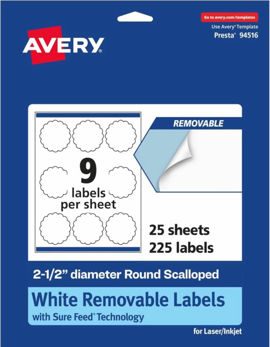 AVERY Matte White Removable Scalloped Edge Labels, 2.5" Round, Sure Feed for Easy Printing, 135-Pack, Laser/Inkjet Compatible, Print to Edge Design
