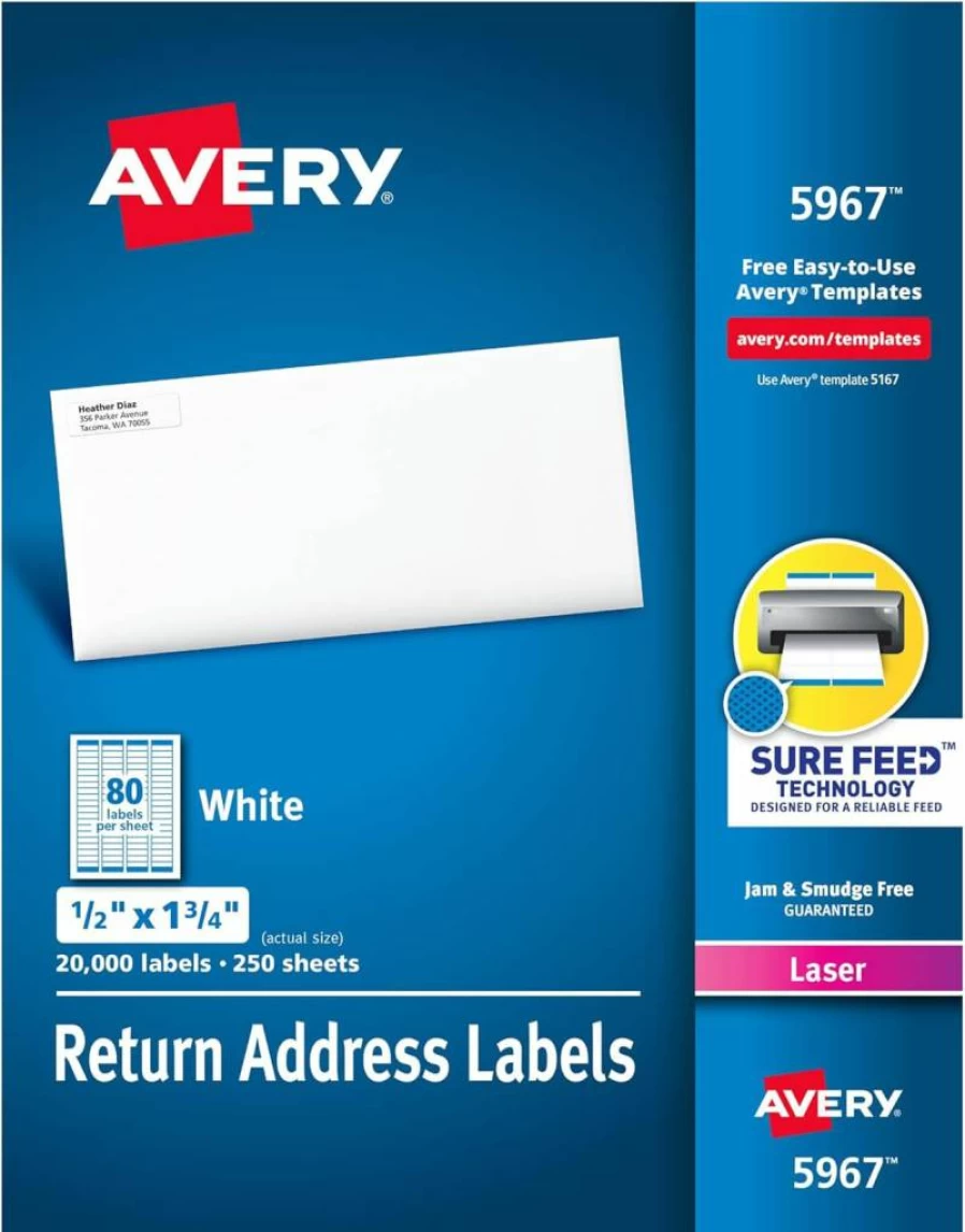AVERY 5167 Permanent Adhesive Mailing Labels for Laser Printers, 1/2" x 1-3/4", Easy Peel, 40,000 Labels (5 Packs)