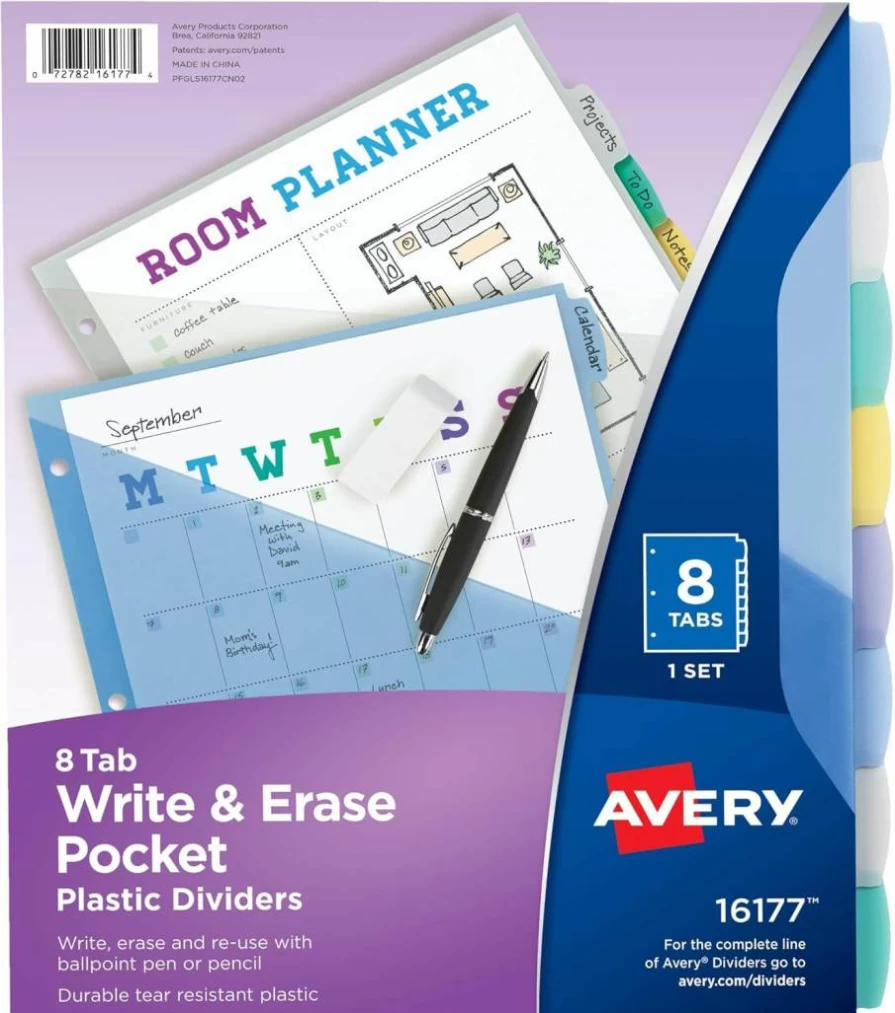 AVERY Write & Erase Plastic Binder Dividers, 8-Tab Multicolor Set for 3-Ring Binders, Reusable Pocket Dividers with Sheet Protectors, 3-Pack (31701)