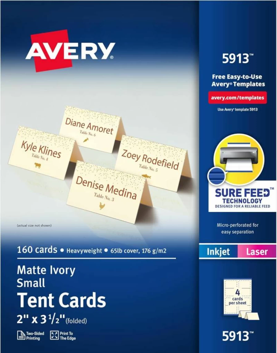 AVERY 5302 Printable Tent Cards, 2" x 3.5" White Blank Place Cards, 160-Pack for Laser & Inkjet Printers, Sure Feed Technology