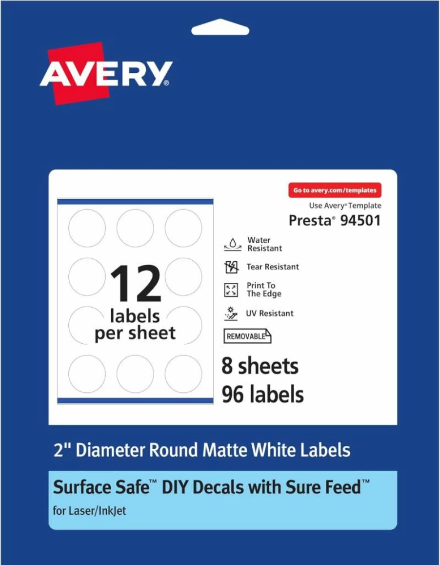 Avery Removable Round Labels 2" Diameter, Matte White, Water-Resistant, Laser/Inkjet Printable, Sure Feed, 96-Pack