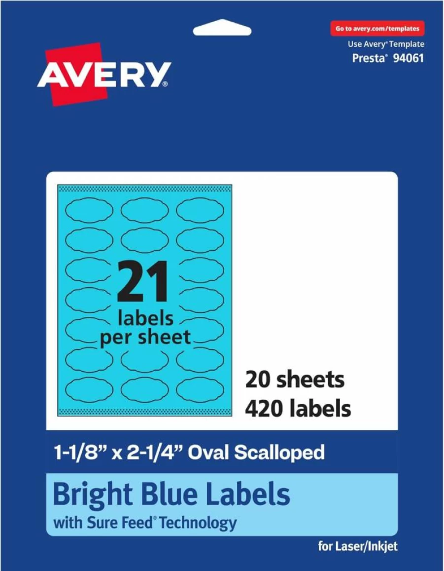 AVERY Bright Blue Oval Scalloped Labels 1-1/8" X 2-1/4" - 1,680 Pack, Sure Feed Technology, Laser/Inkjet Printable, Print-To-The-Edge for Candles, Jars & Crafts