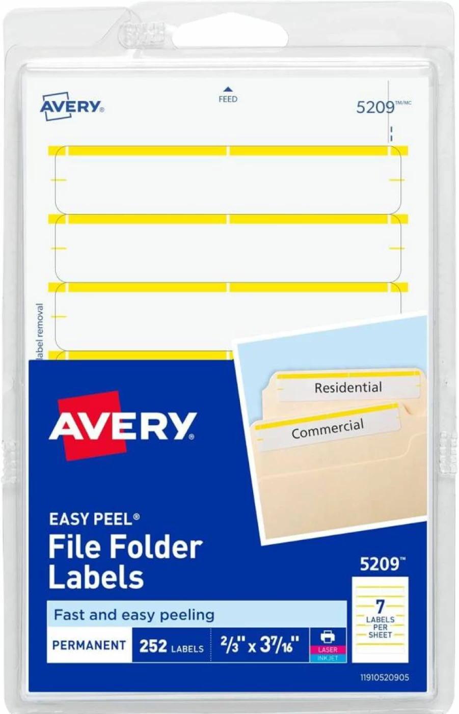 AVERY 5209 Easy Peel File Folder Labels, 2/3" X 3-7/16", White/Yellow, 252 Labels per Pack, Printable or Writable, 4" X 6" Sheets