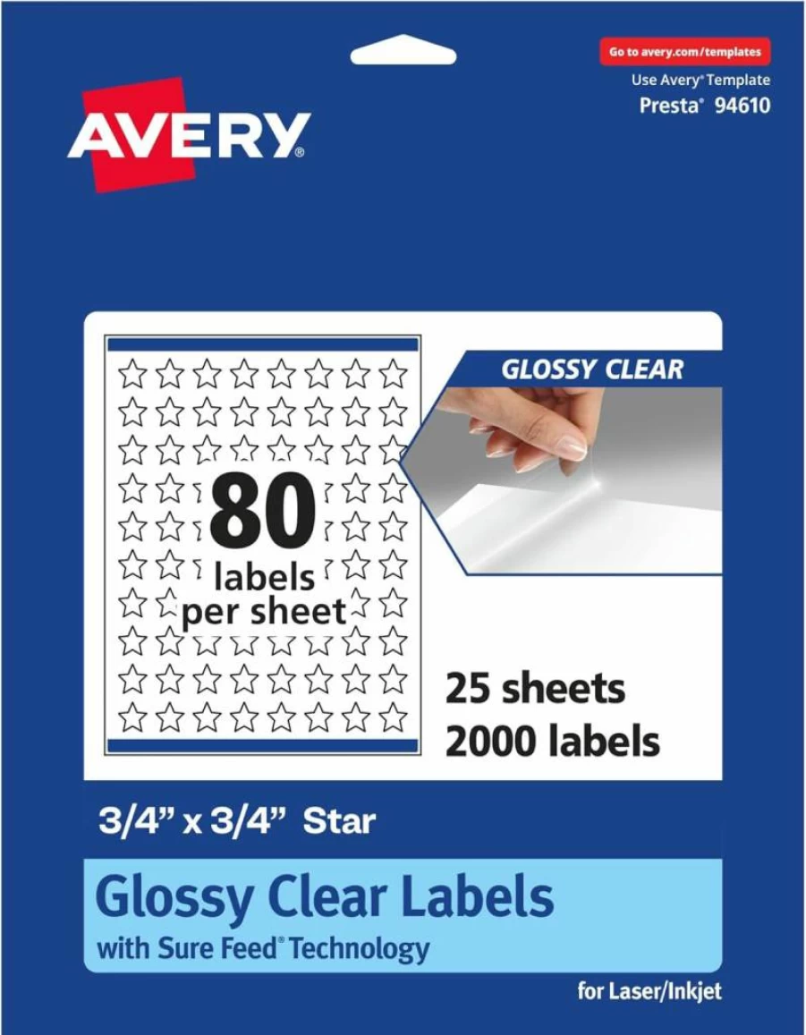 Avery Glossy Clear Star Labels 0.75" x 0.75" - 2,000 Pack, Sure Feed Technology, Print-to-the-Edge for Laser/Inkjet Printers