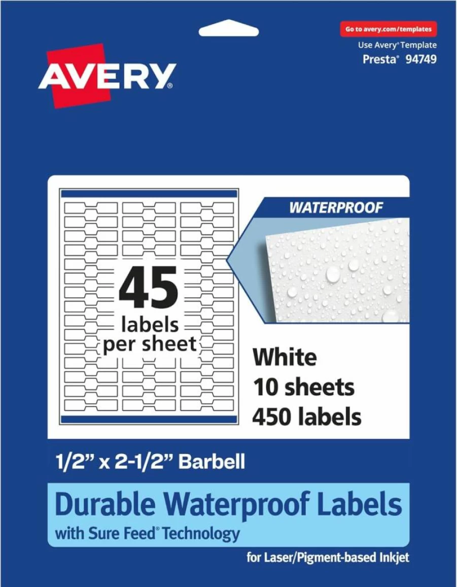Avery Sure Feed Waterproof Labels 0.5" x 2.5" - 450 Durable, Oil-Tear-Resistant Laser/Inkjet Printable Barbell Labels