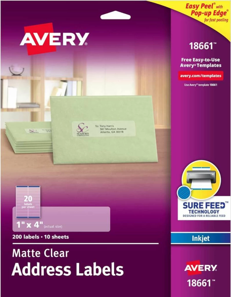 Avery 18661 Printable Address Labels, 1" x 4" Matte Clear Mailing Labels, 200 Blank Sheets, Sure Feed Technology