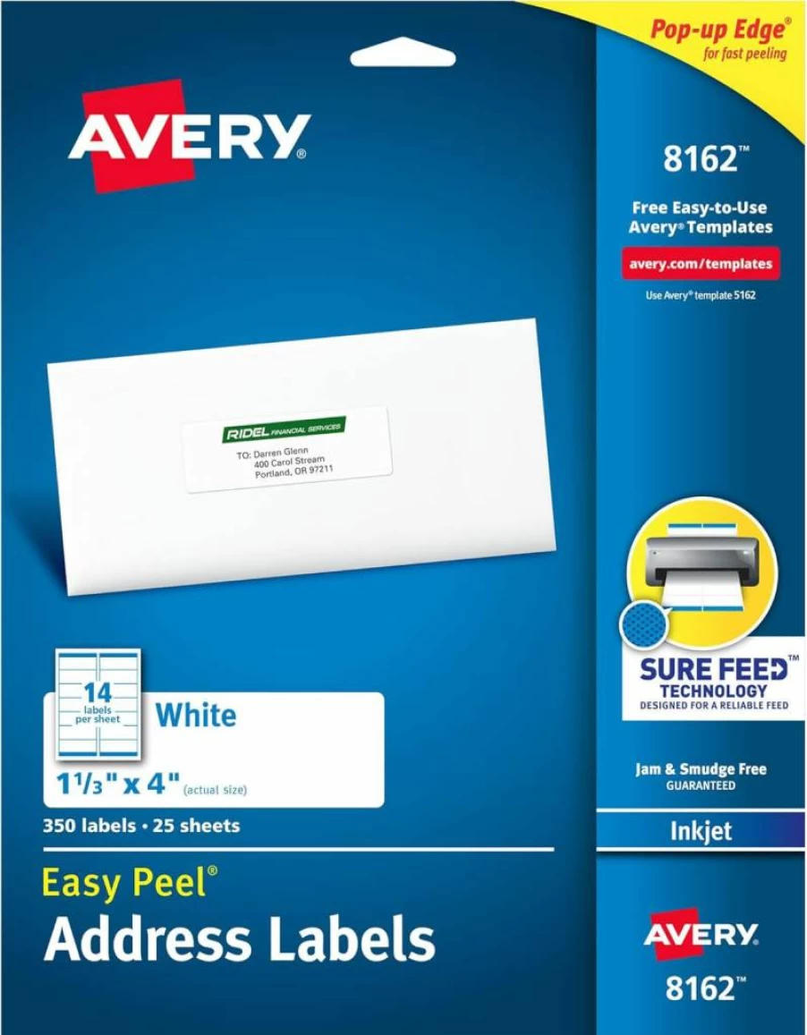 Avery 08162 Easy Peel Printable Address Labels, 1" x 4" White Mailing Labels, 350 Blank Sheets, Sure Feed Technology for Reliable Printing