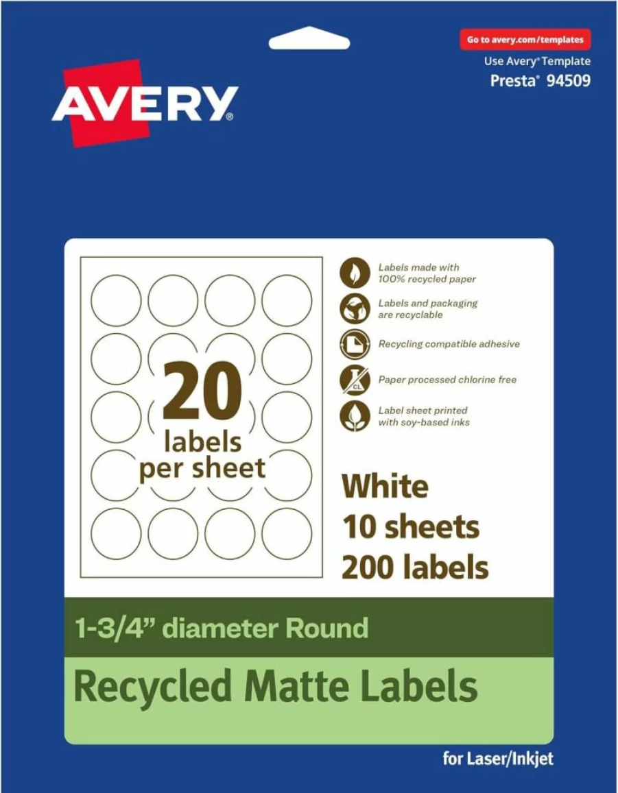 AVERY Recycled Matte White Round Labels 1.75" - Eco-Friendly Permanent Adhesive, Print-to-Edge, Laser/Inkjet Printable, 200-Pack