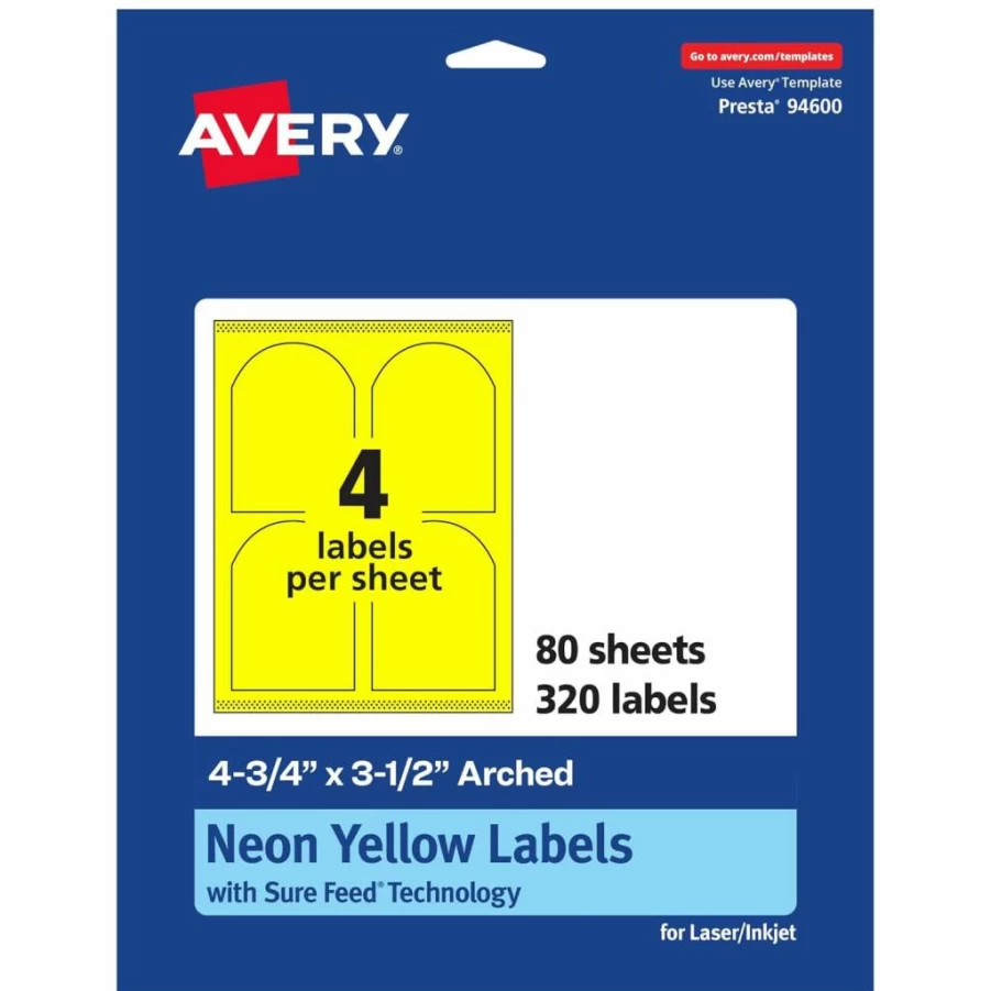 Avery Neon Yellow Printable Arched Labels, 4-3/4" x 3-1/2", Sure Feed Technology, 40-Pack for Shipping & Wine Bottles, Laser/Inkjet Compatible, Print-To-The-Edge Design