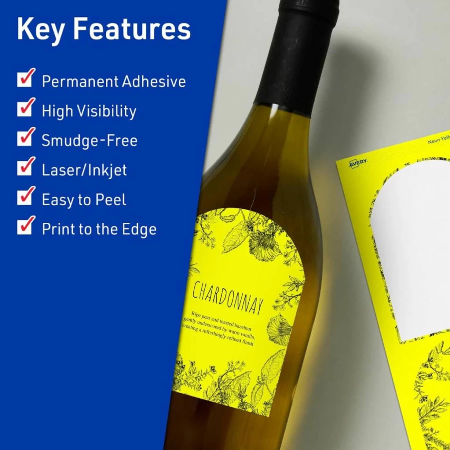 Avery Neon Yellow Printable Arched Labels, 4-3/4" x 3-1/2", Sure Feed Technology, 40-Pack for Shipping & Wine Bottles, Laser/Inkjet Compatible, Print-To-The-Edge Design