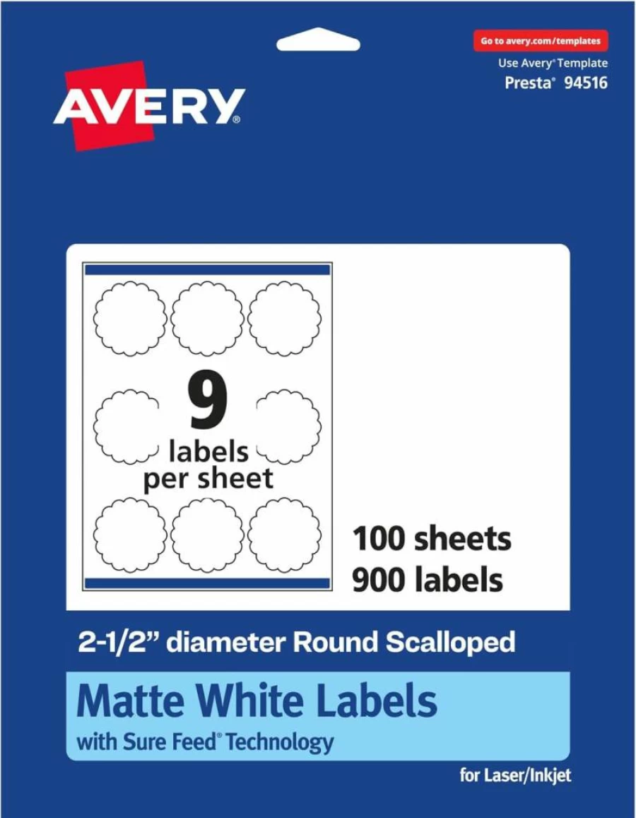 Avery Matte White Round Scalloped Labels, 2.5 Inch Diameter, 225 Pack, Sure Feed for Laser/Inkjet Printers, Printable Sticker Sheets for Crafts & Organizing