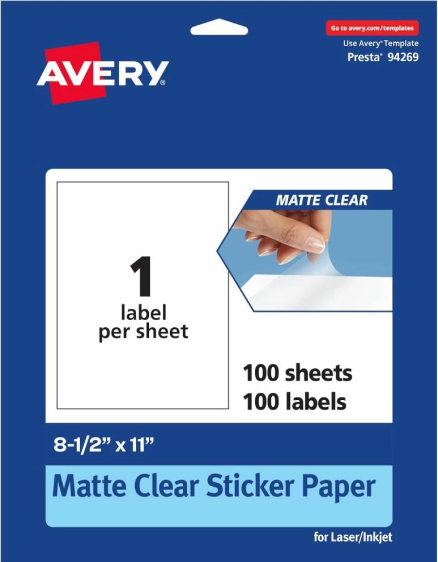 AVERY Matte Clear Printable Sticker Sheets, 8.5" x 11" Laser/Inkjet Labels, 25-Pack Self-Adhesive Rectangle Stickers
