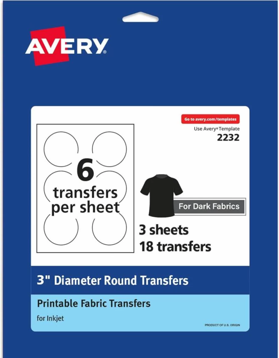 AVERY 3" Pre-Cut Dark T-Shirt Transfer Paper, 18 Iron-On Circles for Edge-to-Edge Printing, 3 Sheets Heat Transfer Vinyl (02232)