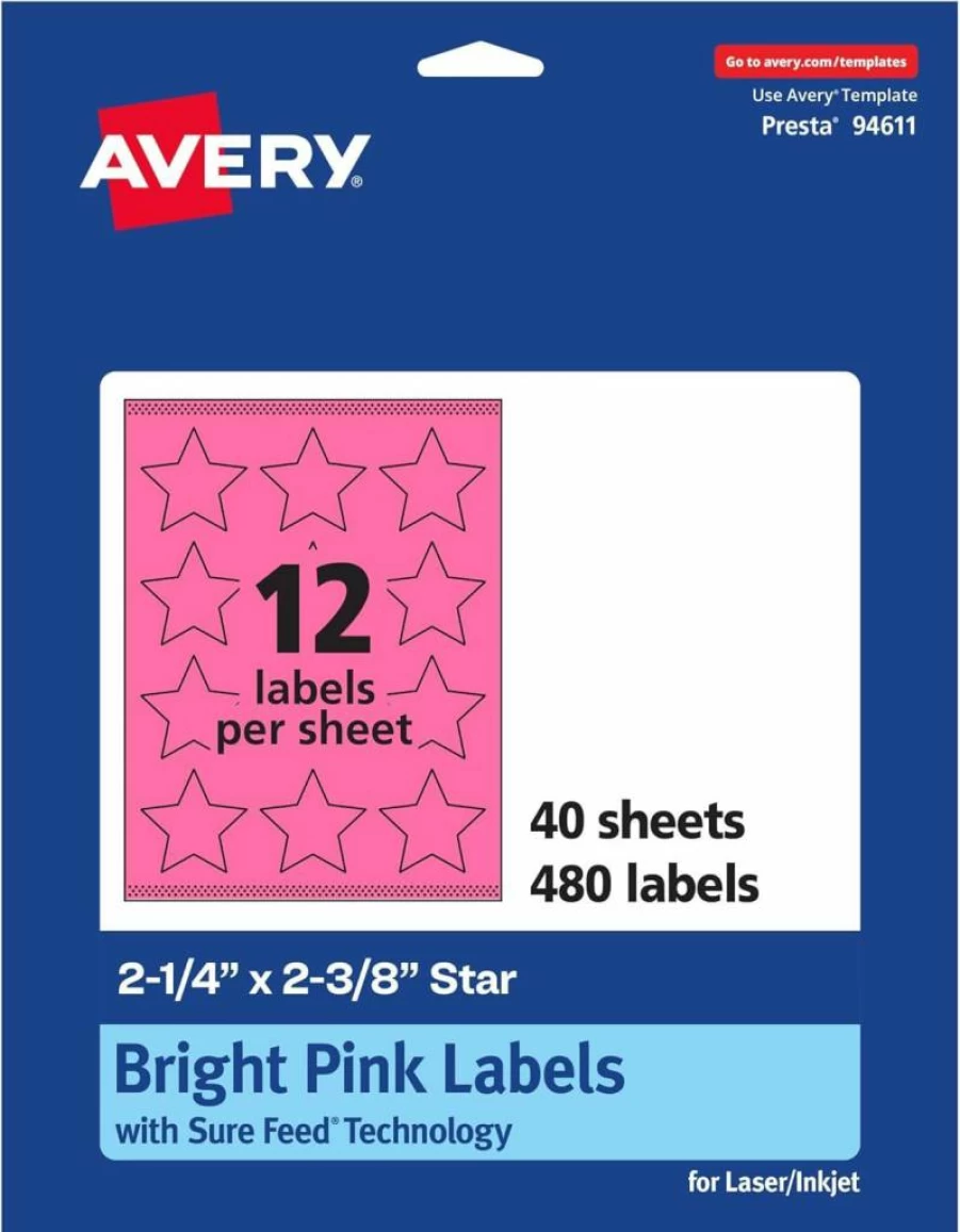 AVERY Bright Pink Printable Star Labels 2-1/4" x 2-3/8" - 240 Pack for Rewards, Mailing Seals, Laser/Inkjet Compatible, Sure Feed Technology, Print-To-The-Edge Design