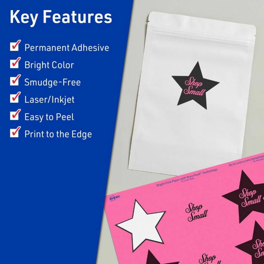AVERY Bright Pink Printable Star Labels 2-1/4" x 2-3/8" - 240 Pack for Rewards, Mailing Seals, Laser/Inkjet Compatible, Sure Feed Technology, Print-To-The-Edge Design