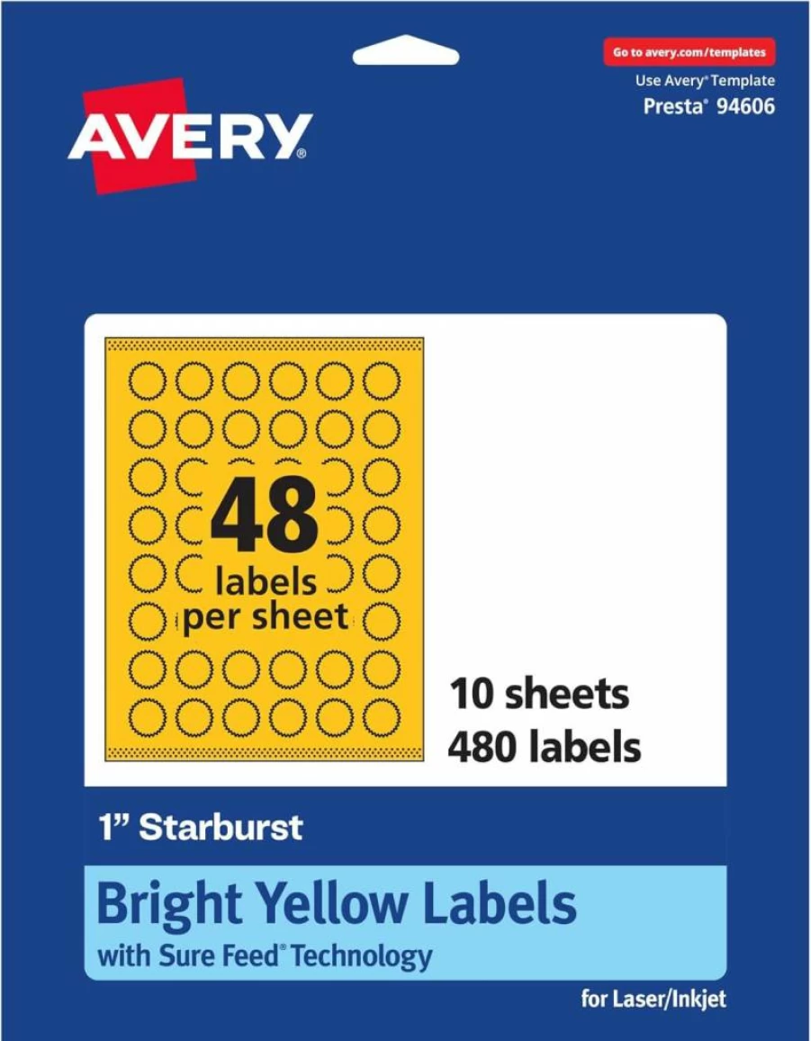 Avery Sure Feed 1" Printable Starburst Labels, Bright Yellow, Print-To-The-Edge for Laser/Inkjet, 480 Pack, Ideal for Mailing Seals & Planner Stickers