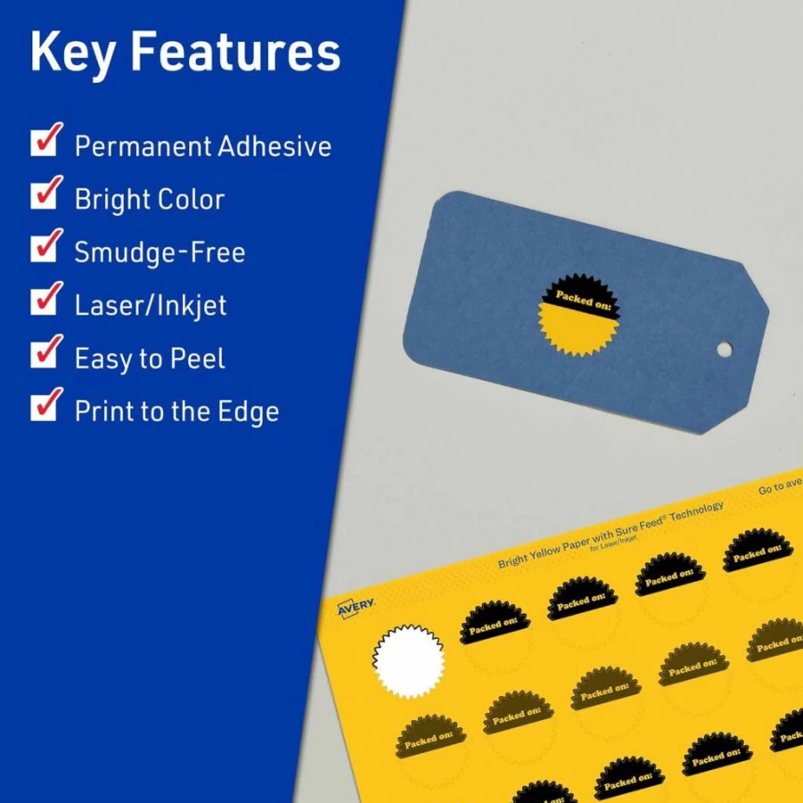 Avery Sure Feed 1" Printable Starburst Labels, Bright Yellow, Print-To-The-Edge for Laser/Inkjet, 480 Pack, Ideal for Mailing Seals & Planner Stickers