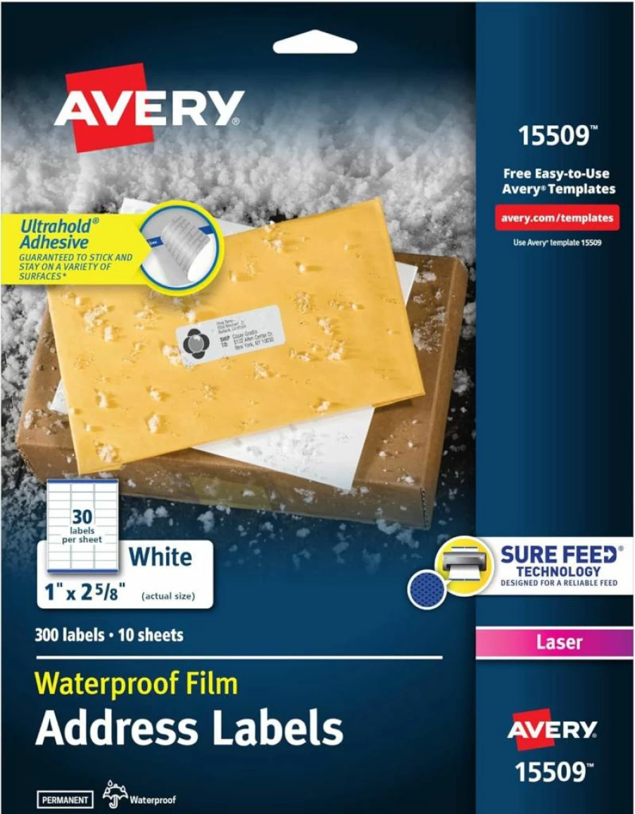 AVERY 15509 Ultrahold Permanent Adhesive Waterproof Address Labels, 1" x 2-5/8", White, 300 Blank Printable Mailing Labels for Laser Printers, Sure Feed Technology for Branding & Shipping