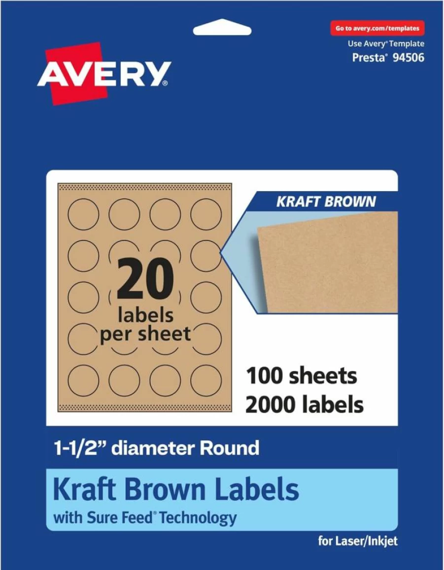 AVERY 1.5" Round Kraft Brown Labels, 500 Pack, Sure Feed Technology, Print-To-The-Edge, Laser/Inkjet Compatible, Waterproof Matte Finish