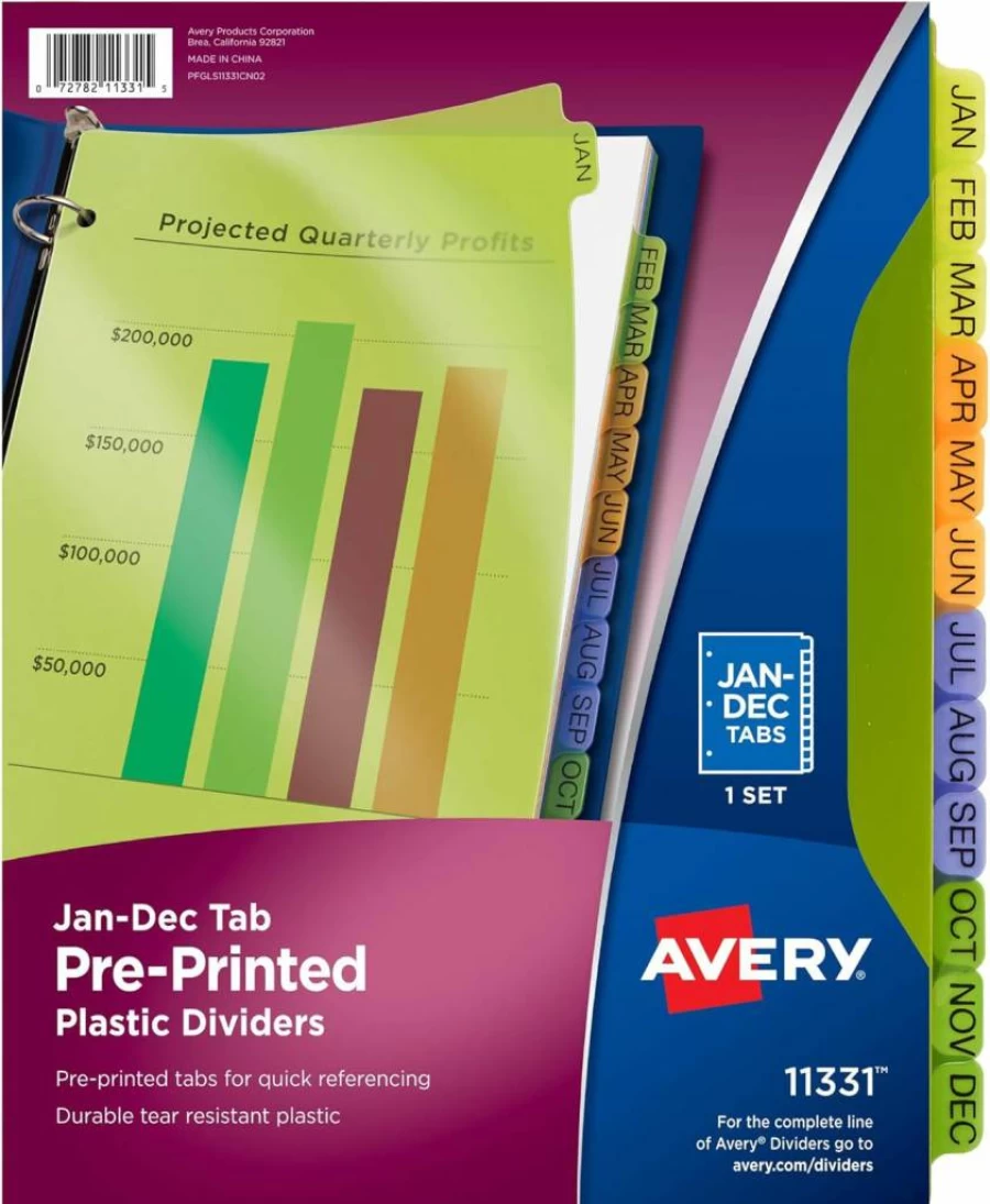 Avery 12-Tab Multicolor Pre-Printed Monthly Plastic Dividers for 3-Ring Binders, Jan-Dec Set (11331)