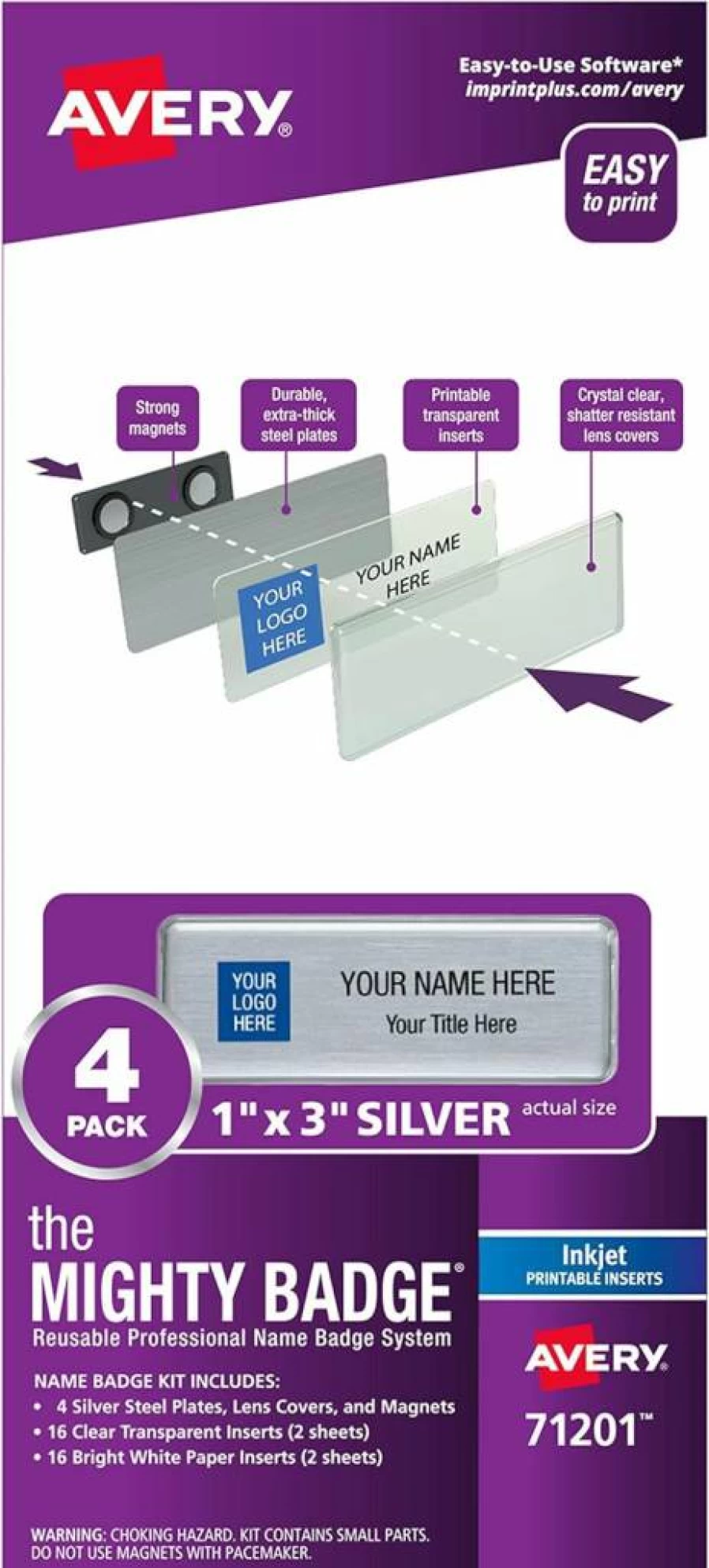 AVERY 71205 Silver Name Badges, 1" x 3" Mighty Badge with 10 ID Tags & 80 Inserts for Inkjet Printers