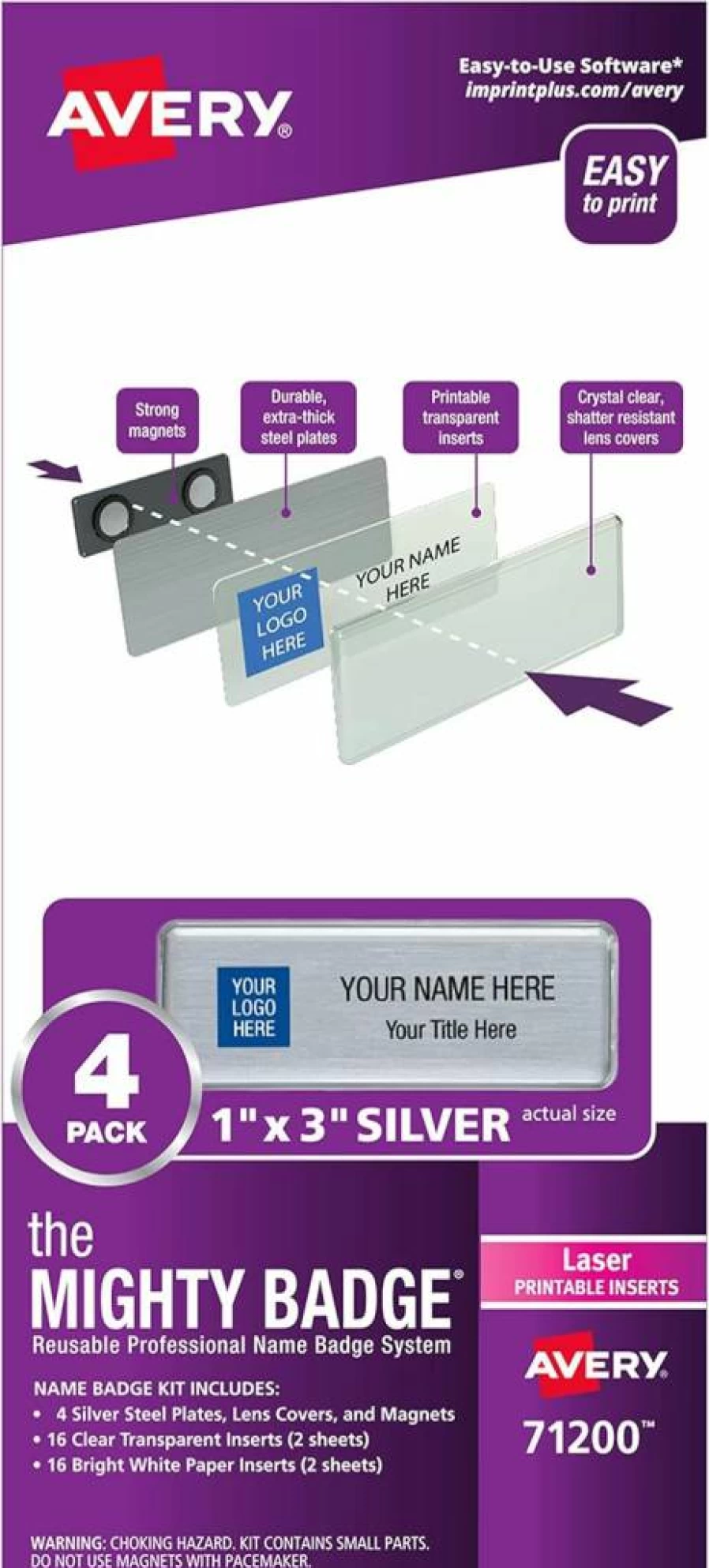 AVERY 71206 Silver Name Tags - 1" x 3" Mighty Badge with 10 ID Badges & 80 Laser Printer Inserts for Professional Identification