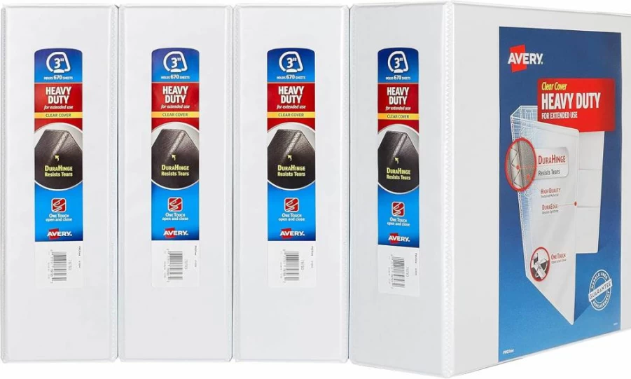 Avery 79793 Heavy Duty 3" 3-Ring Binder with One Touch Slant Rings, Holds 8.5" x 11" Paper, Pack of 4 White Binders for Office & School Supplies
